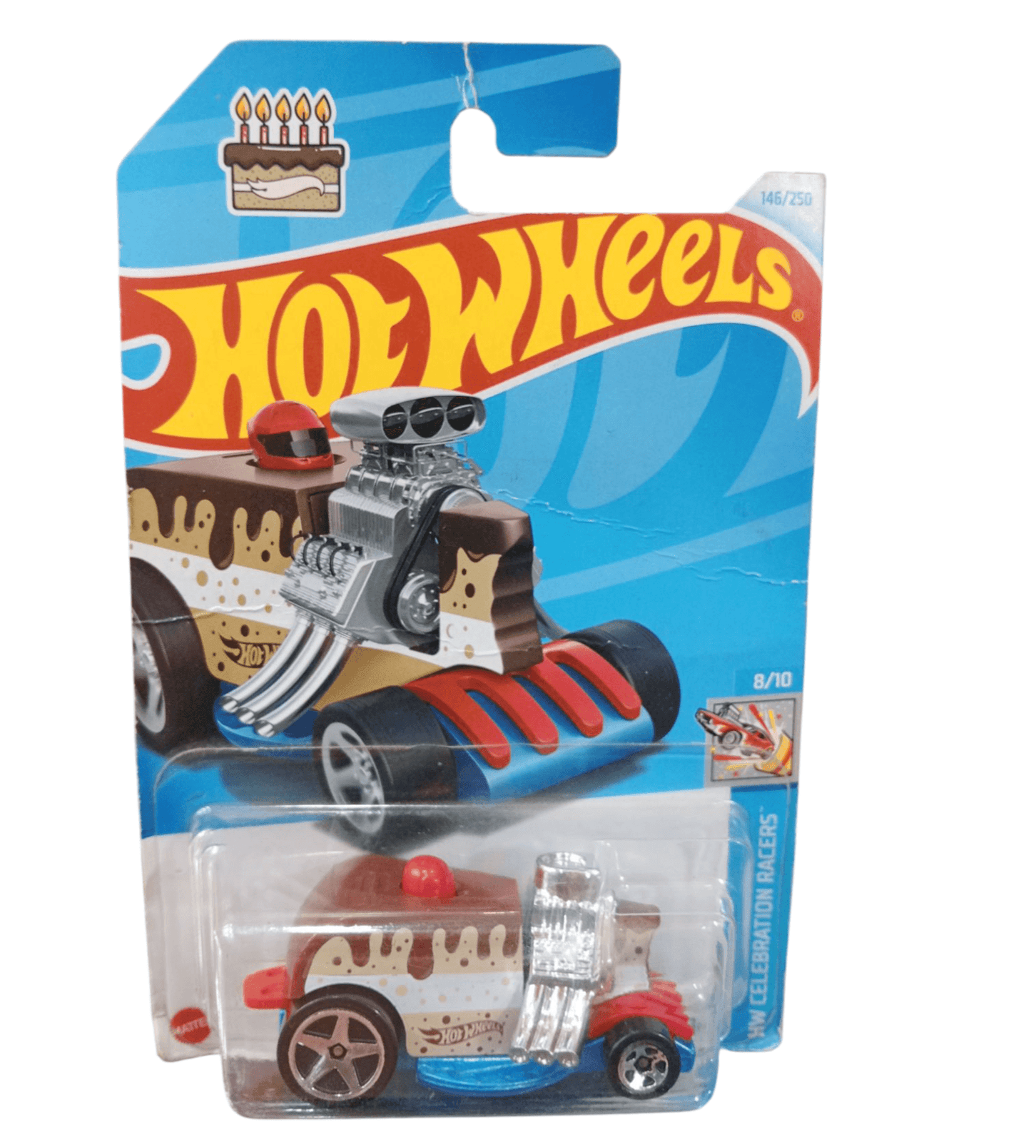 Single Hot Wheels car pack featuring a cake-themed dragster with detailed engine and red accents