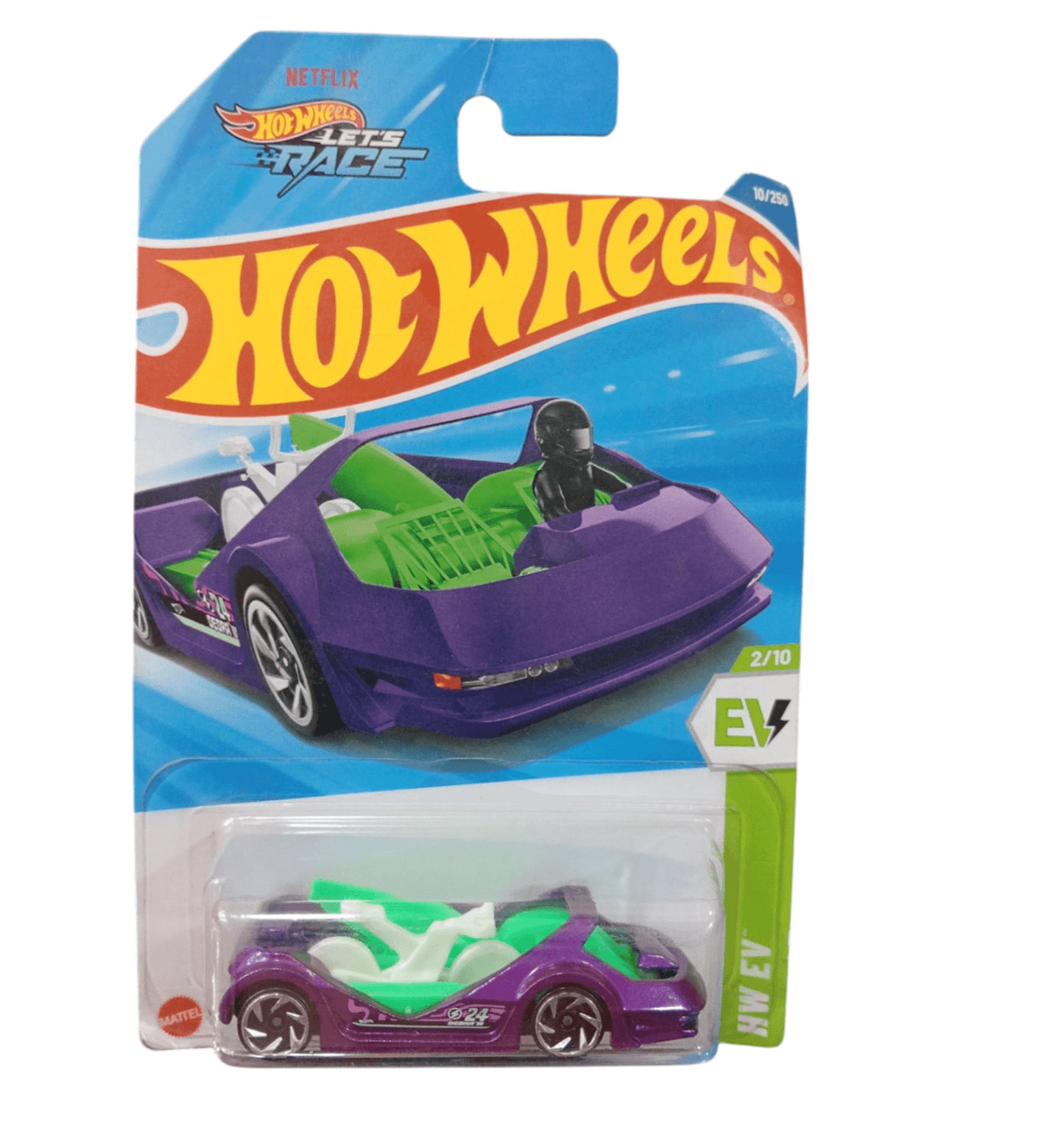 Single Hot Wheels car pack featuring a purple and green futuristic EV model in packaging