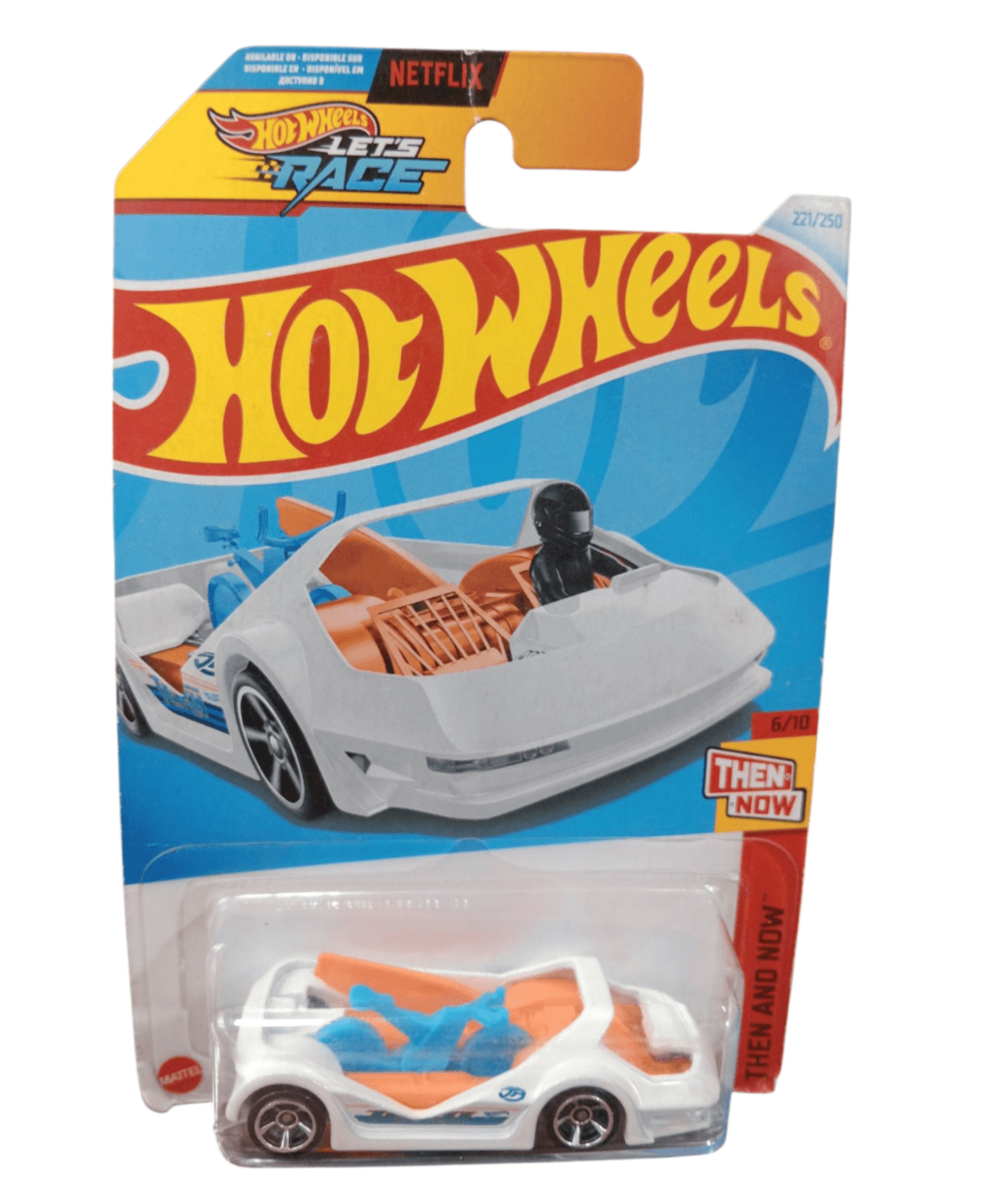 Single Hot Wheels car pack featuring a white and orange open-top sports car with blue driver figure