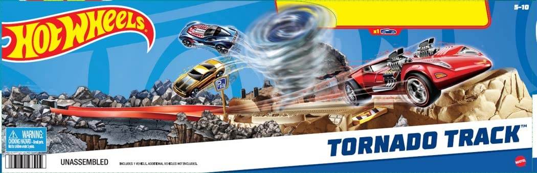 Hot Wheels Tornado Track set featuring a red car racing through a tornado loop on an orange track