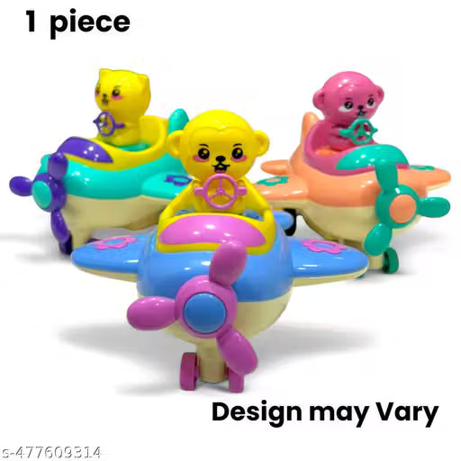Colorful toy airplane with cartoon characters on a white background