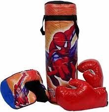 Colorful boxing gloves and punching bag on a white background