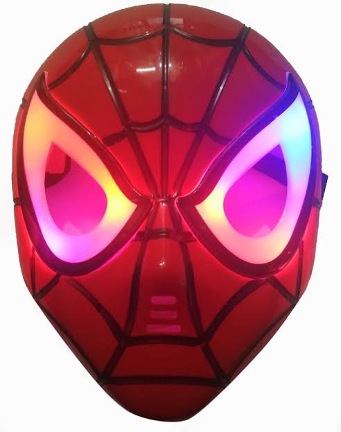 Spider-Man mask with glowing eyes on a white background