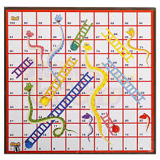 Colorful snakes and ladders game board with colorful snakes