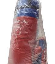 Red and blue object wrapped in clear plastic packaging