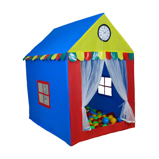 Colorful children's play tent with a clock on the roof, curtains, and colorful balls inside.