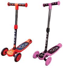 Two children's scooters, one red and one pink, on a white background.