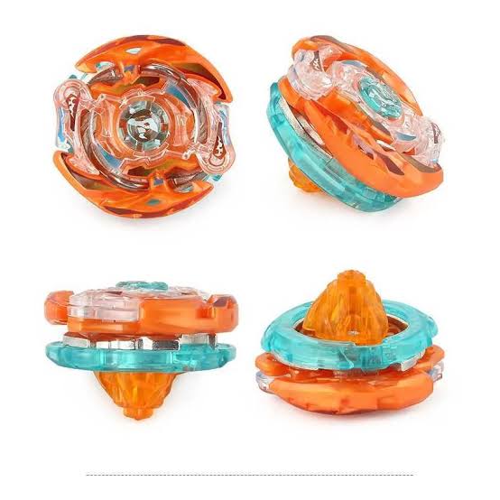 Four orange and blue toy spinners on a white background