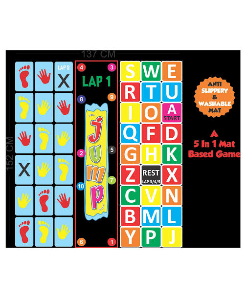 Colorful game mat with alphabet and symbols on a black background