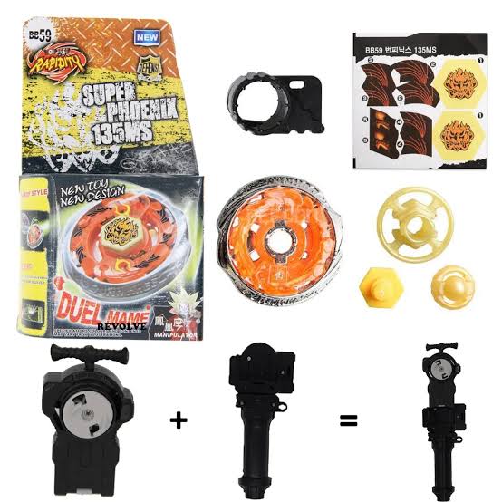 Collection of Beyblade parts and packaging on a white background