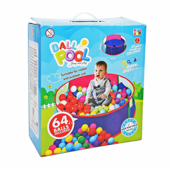 Ball pool packaging with colorful balls and child on a white background