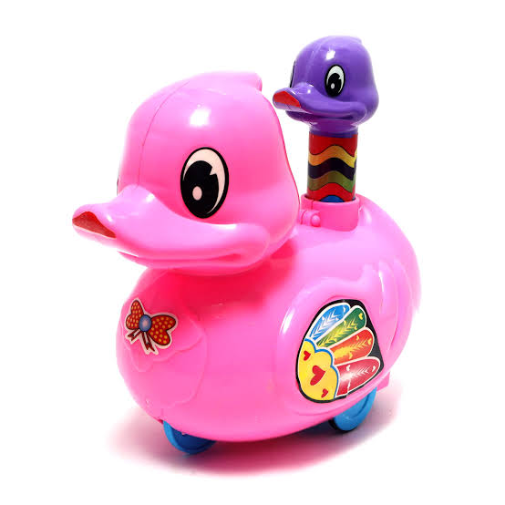 Pink toy duck with a smaller purple duck on its back on a white background