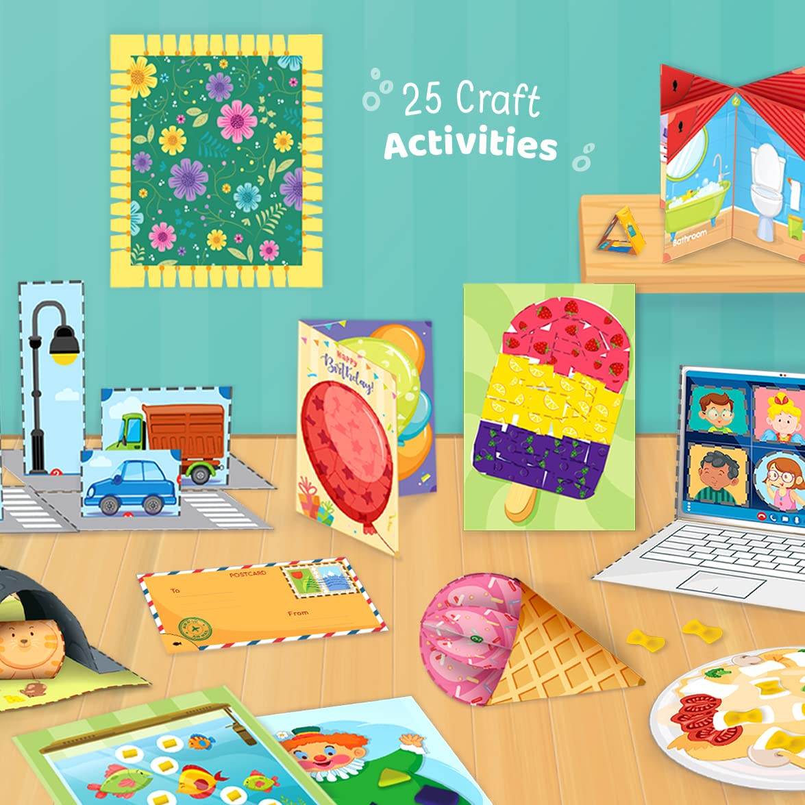 Kids DIY craft kit with 25 craft activities including cards, decorations, and interactive play scenes
