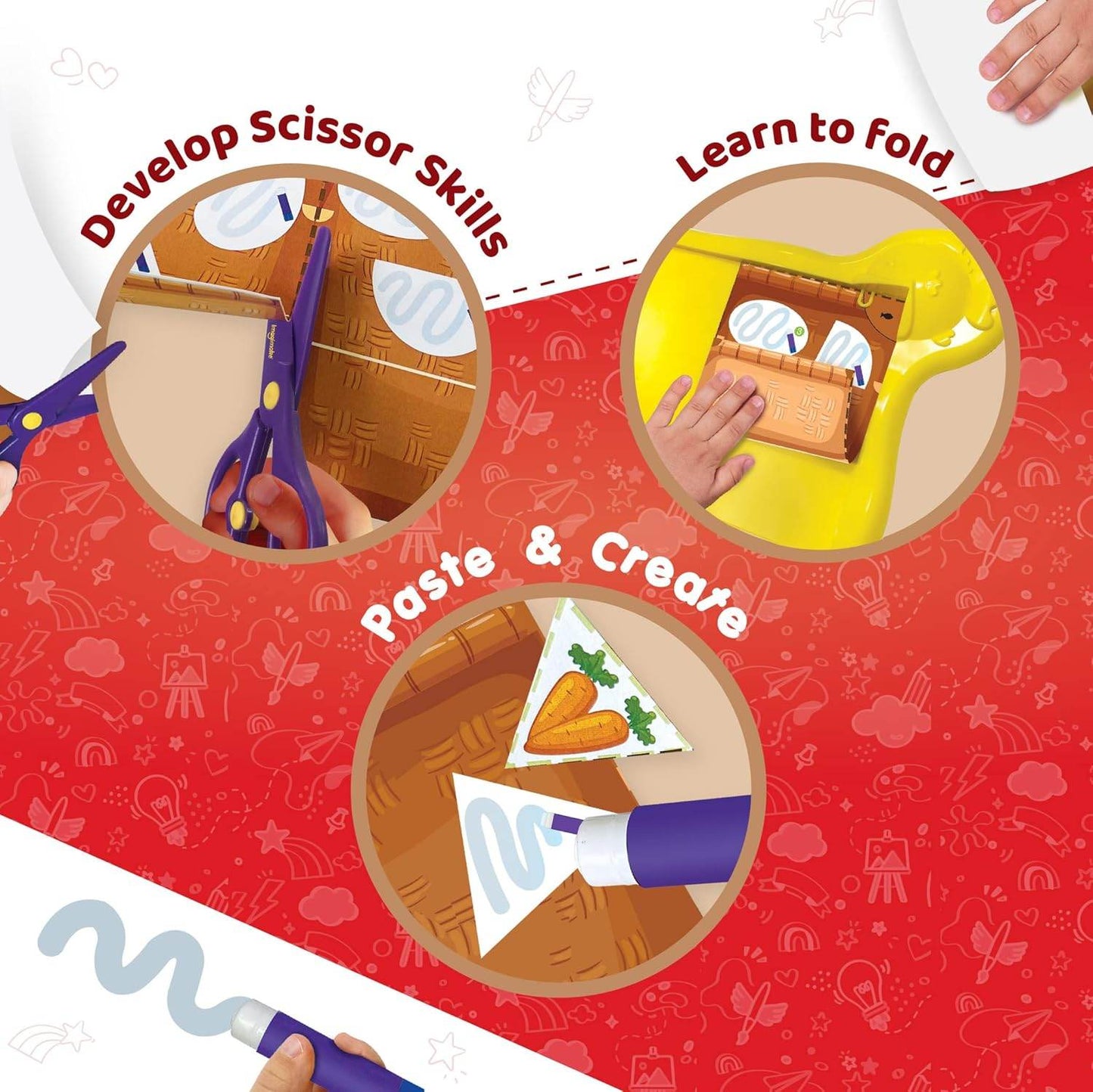 Kids DIY craft kit showing scissor skills, folding, and pasting to create paper projects