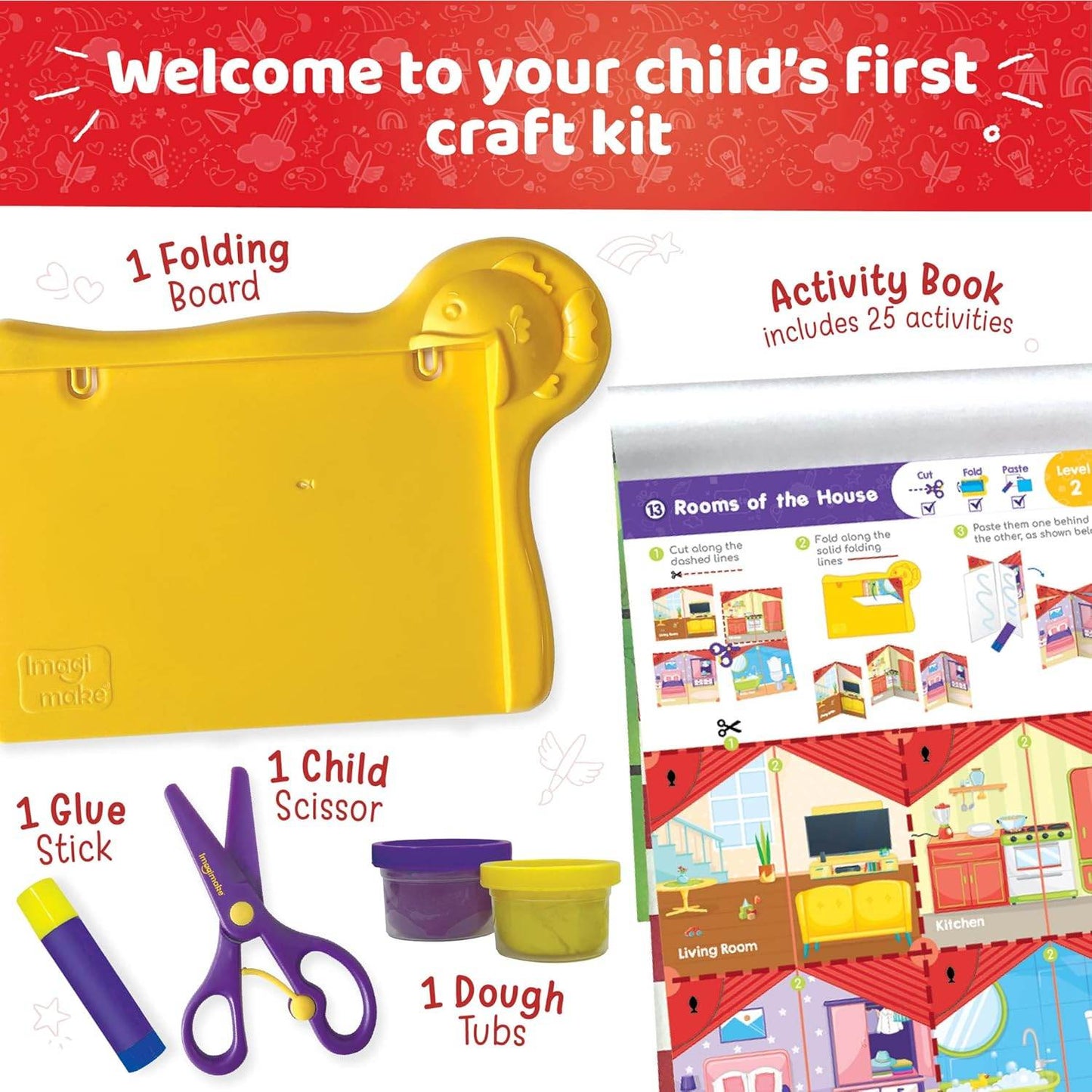 Kids DIY craft kit including folding board, glue stick, child scissors, dough tubs, and an activity book with 25 activities
