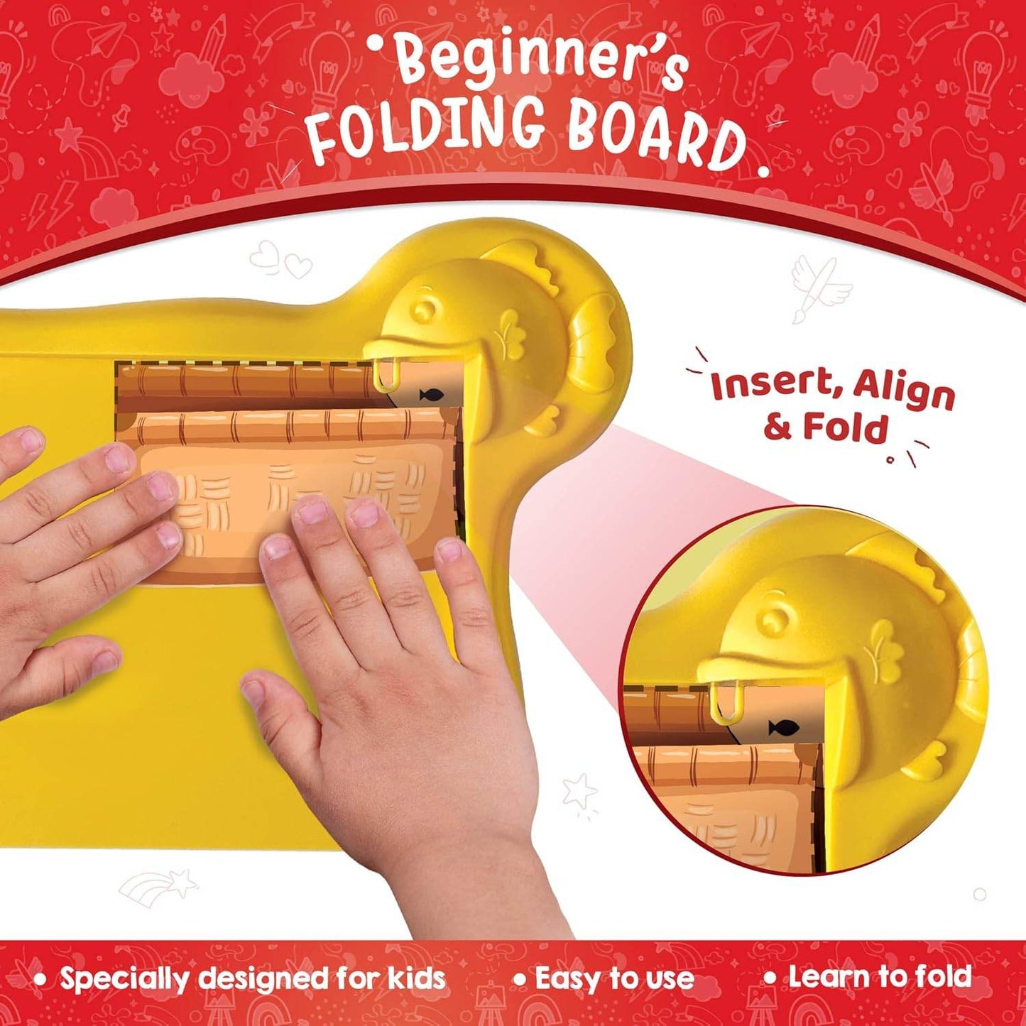 Kids using a beginner's folding board to insert, align, and fold paper in a kids DIY craft kit