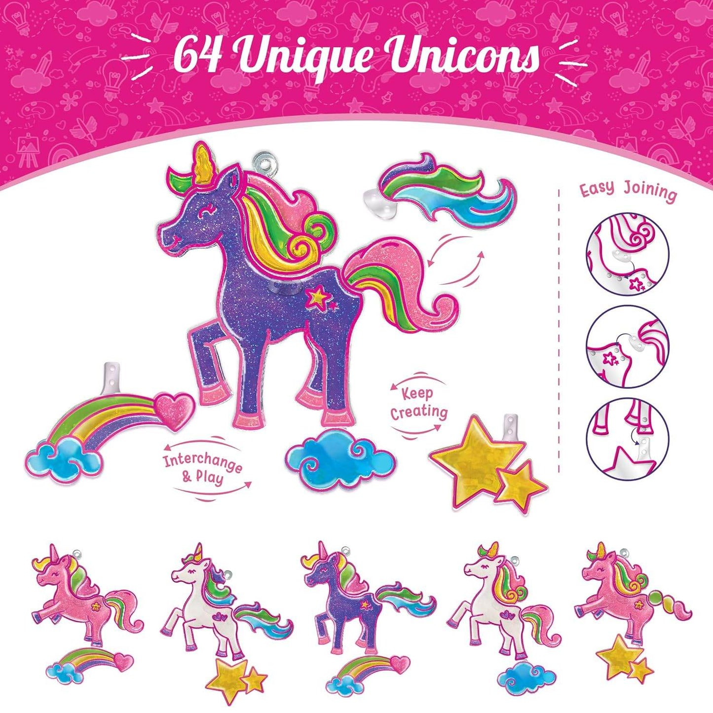 Unicorn window art kit with 64 unique colorful unicorn designs and easy joining pieces
