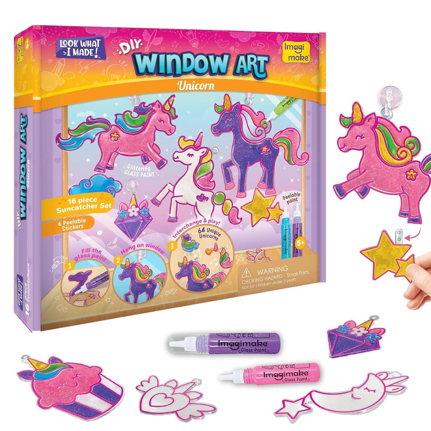Unicorn window art kit with colorful unicorn suncatchers and glass paint for creative window decoration
