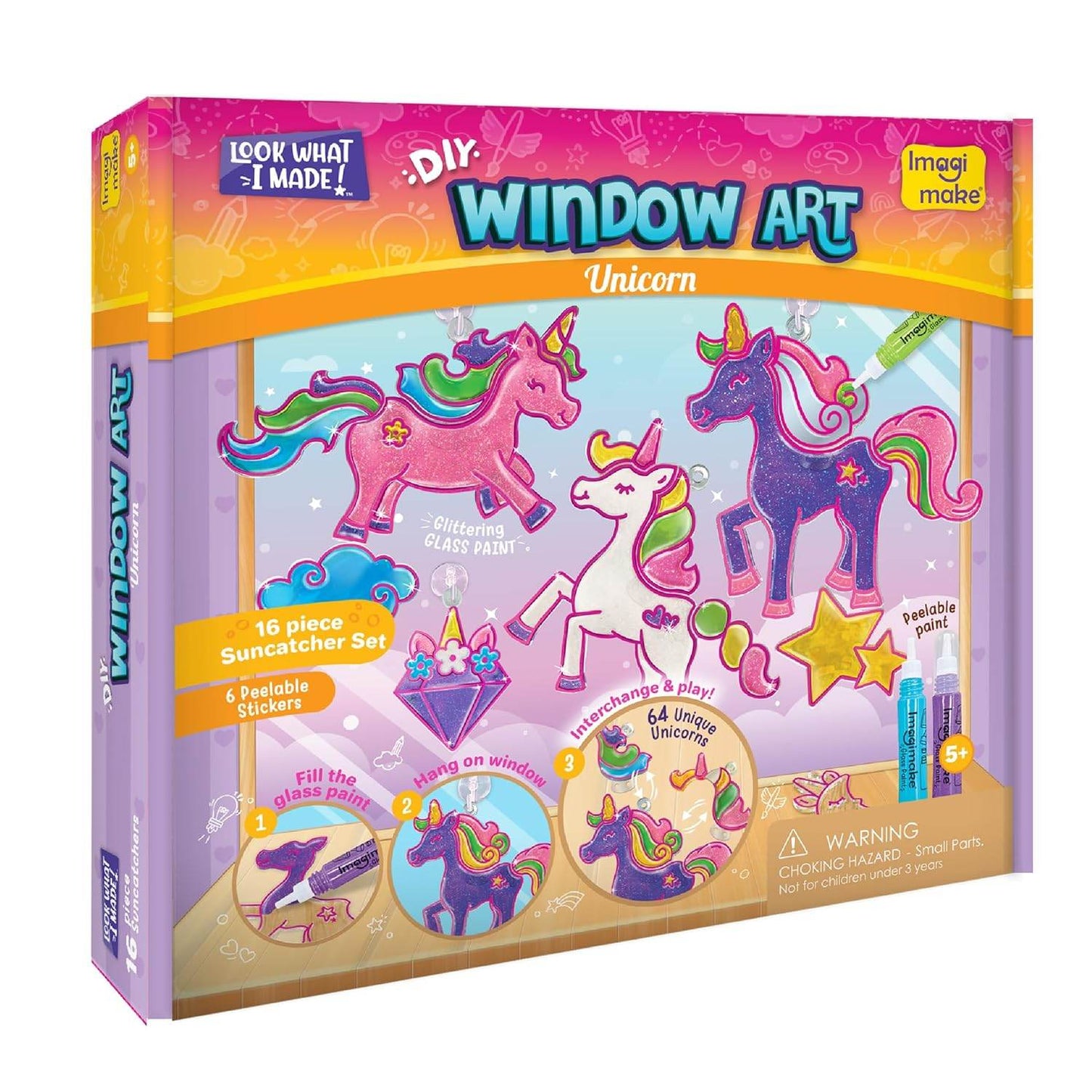Unicorn window art kit with 16-piece suncatcher set and peelable stickers for creative kids