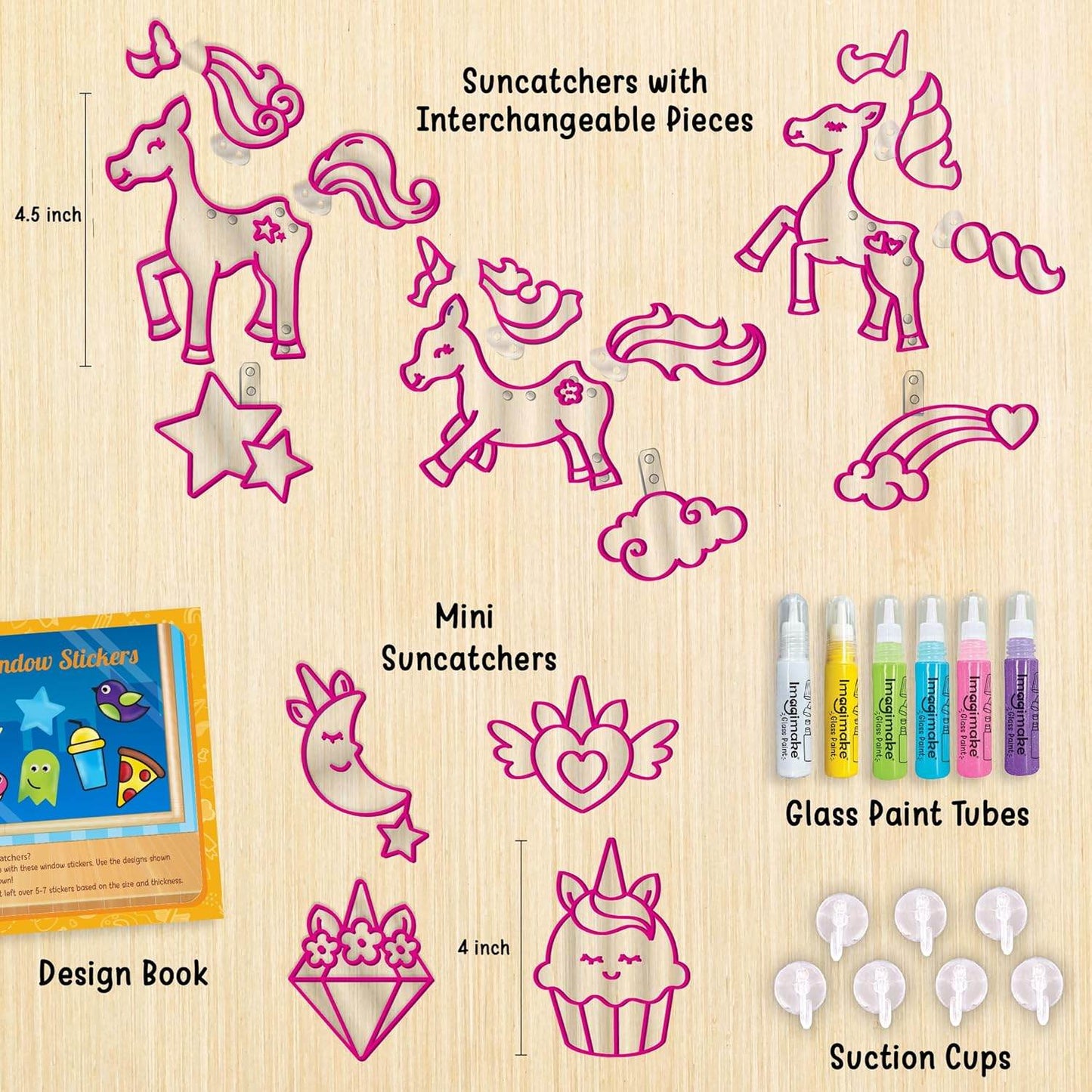 Unicorn window art kit with suncatchers, interchangeable pieces, glass paint tubes, suction cups, and design book