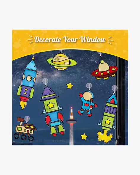 Window art painting kit for kids with colorful space-themed rocket and astronaut designs