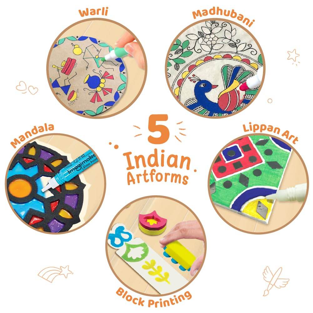 Imagimake Indian art forms kit featuring painting and stamping of Warli Madhubani Mandala Lippan Art and Block Printing