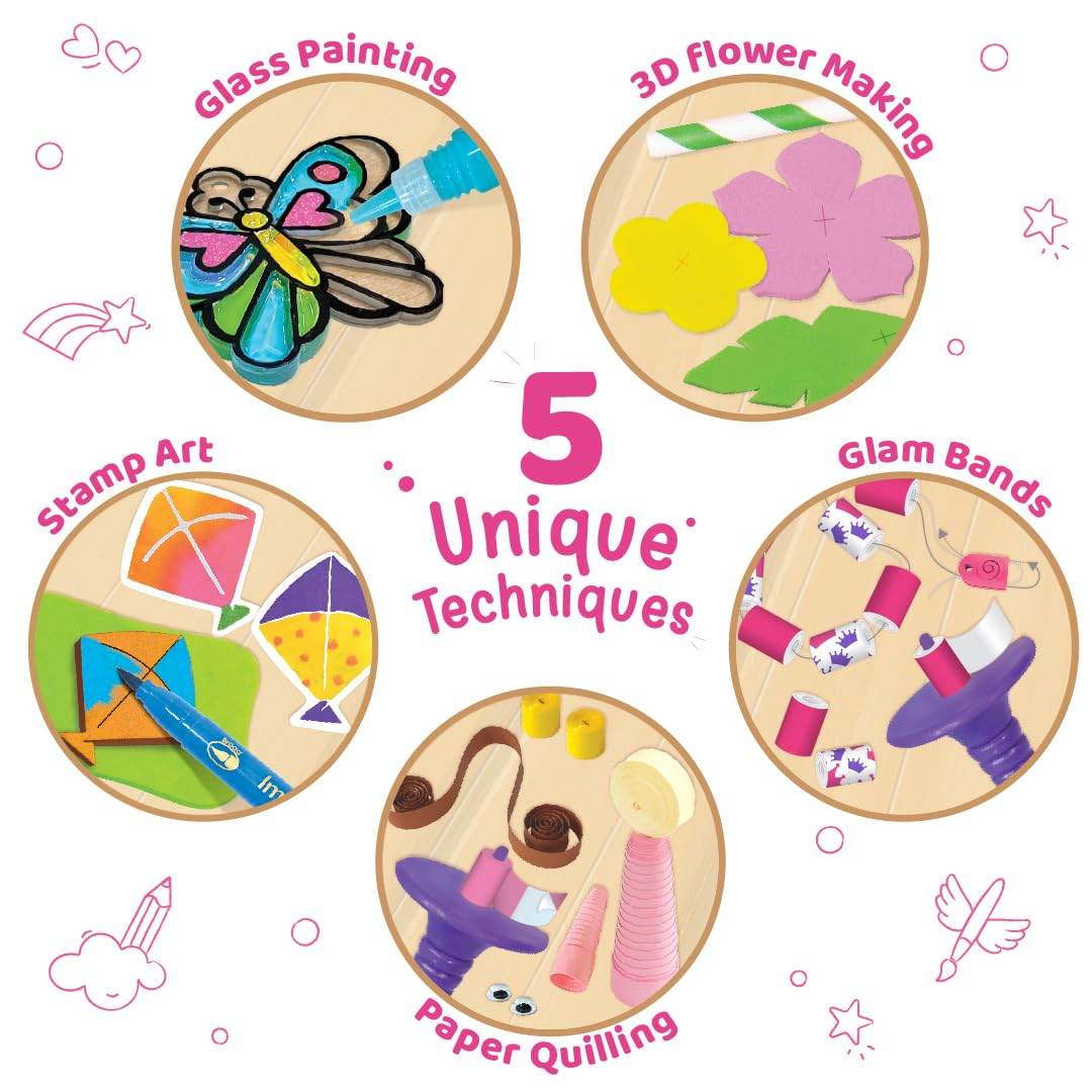 Imagimake fabulous craft kit showing 5 unique techniques including glass painting and 3D flower making best arts and crafts gift for kids