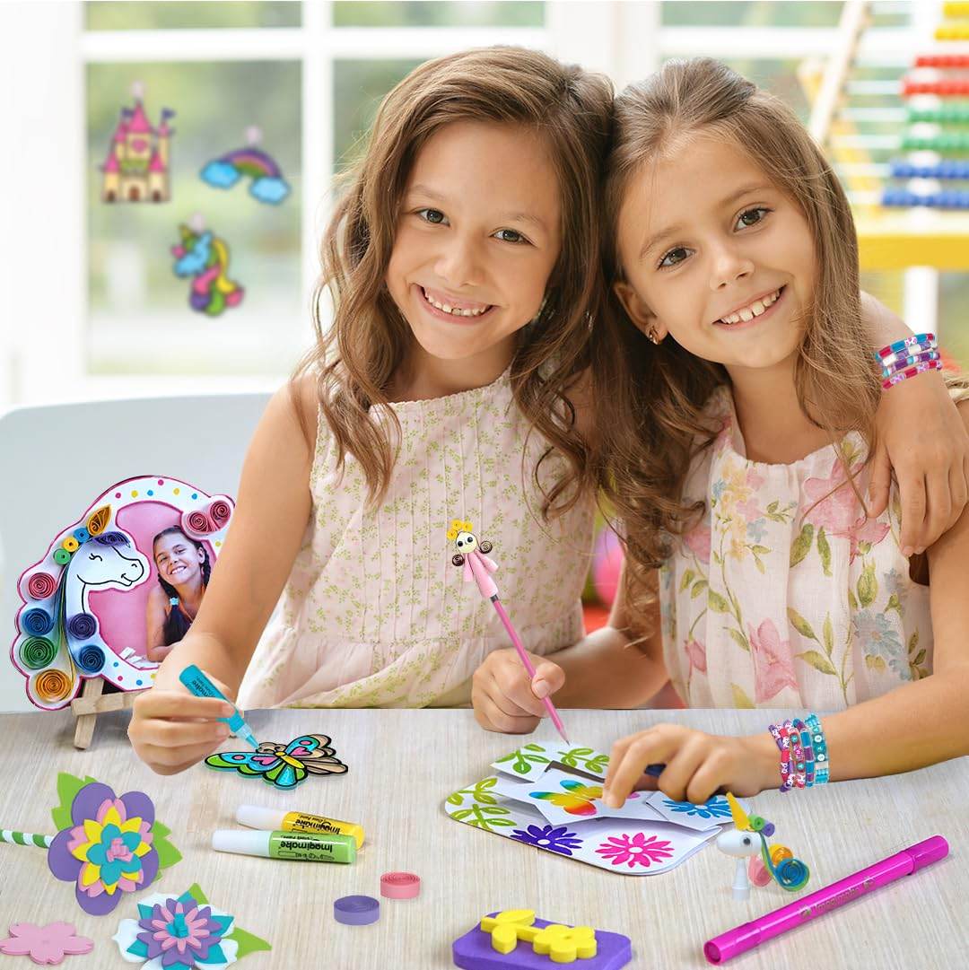 Two girls enjoying the fabulous craft kit by Imagimake, the best arts and crafts gift for kids with colorful supplies