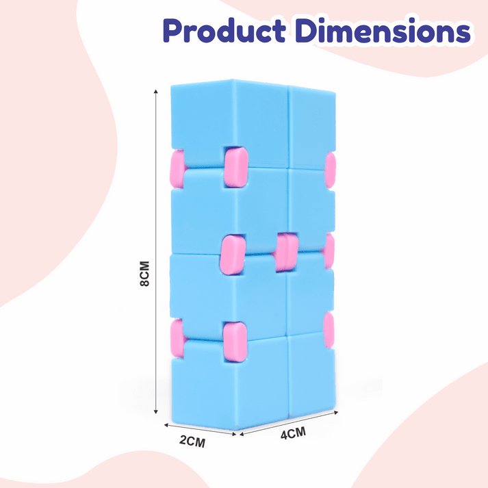 Blue and pink Infinity Cube fidget toy showing product dimensions 8cm by 4cm by 2cm