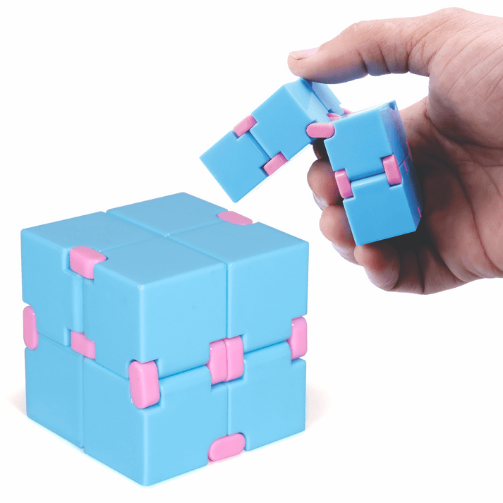Blue and pink Infinity Cube fidget toy being manipulated by hand for stress relief and focus