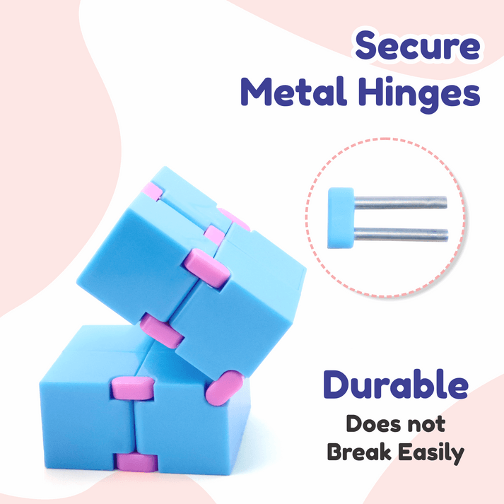 Blue and pink Infinity Cube fidget toy with secure metal hinges and durable design