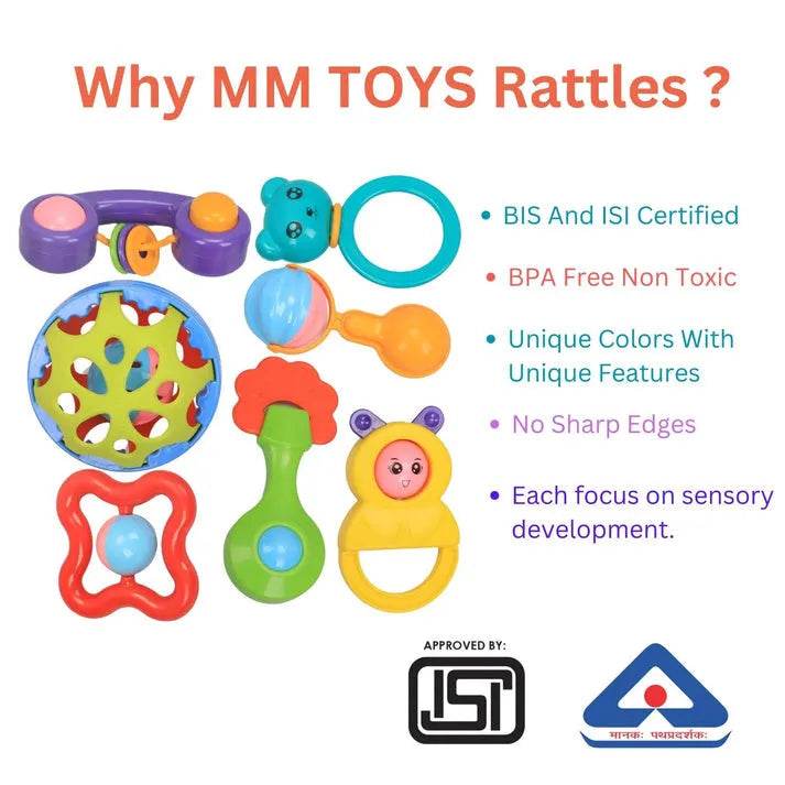 Colorful infant rattle toy pack with BPA free non-toxic materials and sensory development features