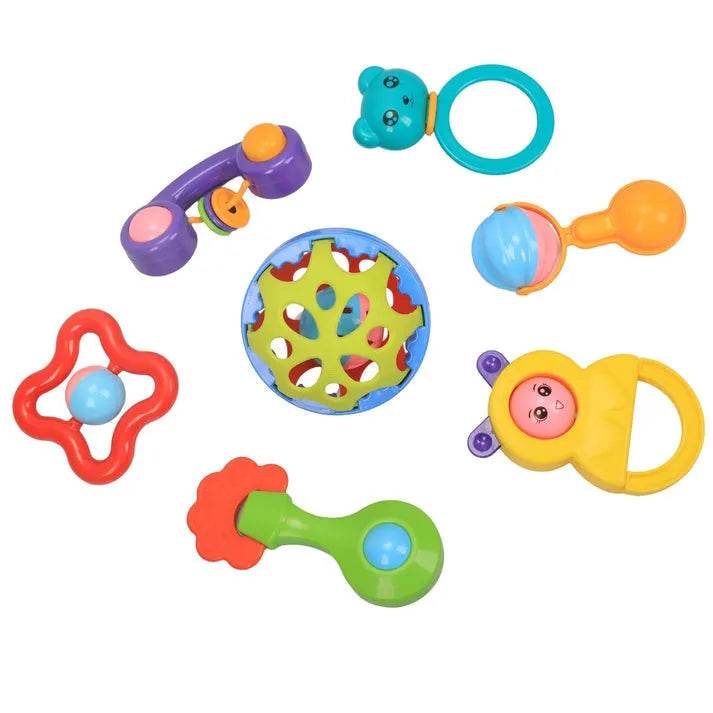 Colorful infant rattle toy pack with multiple shapes and designs for sensory play