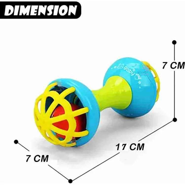 Colorful infant rattle with yellow, blue, and green parts measuring 17 cm long safe non-toxic infant rattles