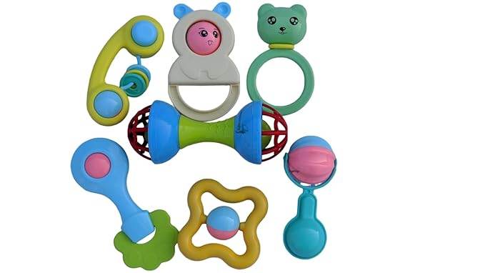 INNOVITOYS Baby Rattles 7 pcs Dumbbells Rattle Toys Combo for Babies Non-Toxic Plastic Colourful Lovely Attractive Baby Rattle for Infant Products (Multicolour) - T-Rex the toyland Sitamarhi