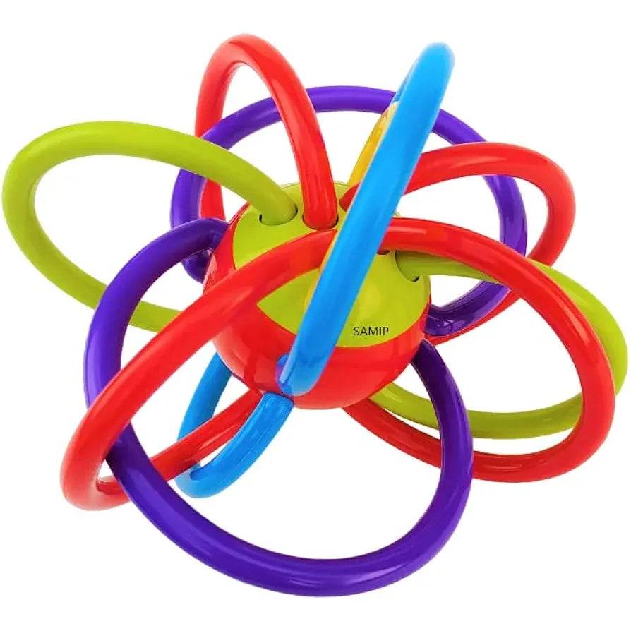 Colorful baby silicone teether toy with interlocking loops for easy gripping and chewing