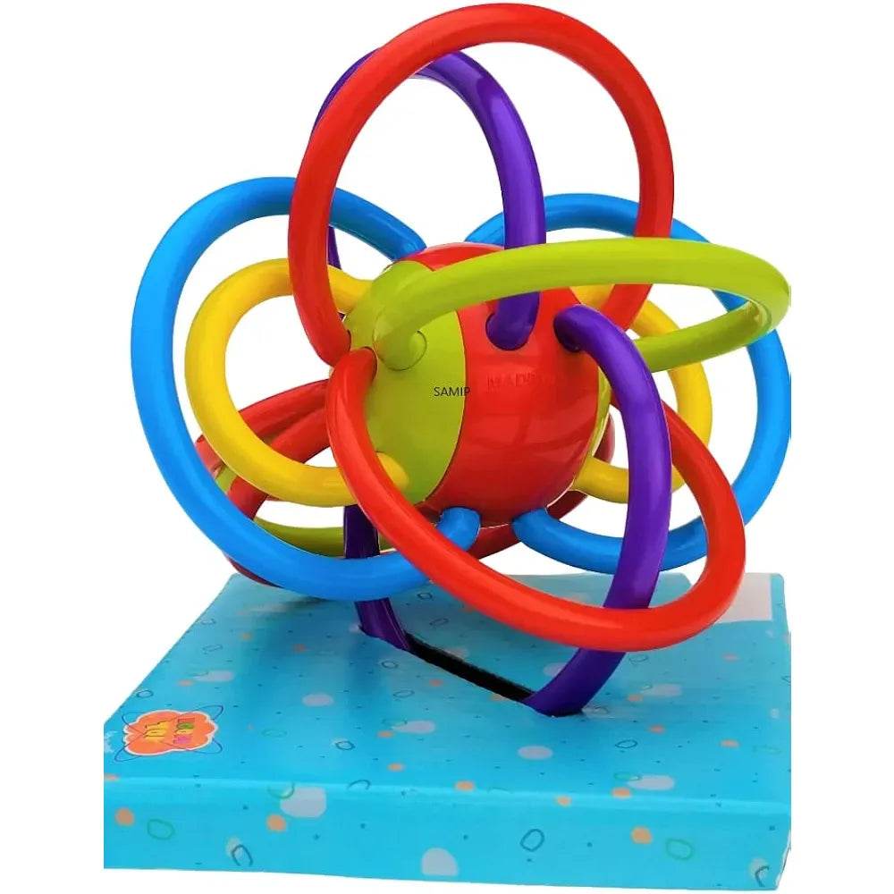 Colorful baby silicone teether toy with interlocking loops on a blue base from T-Rex the toyland Sitamarhi