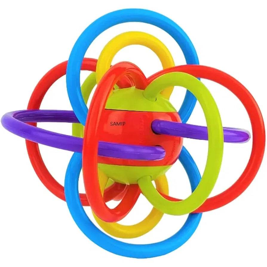 Colorful baby silicone teether toy with multiple interlocking rings for easy gripping and chewing