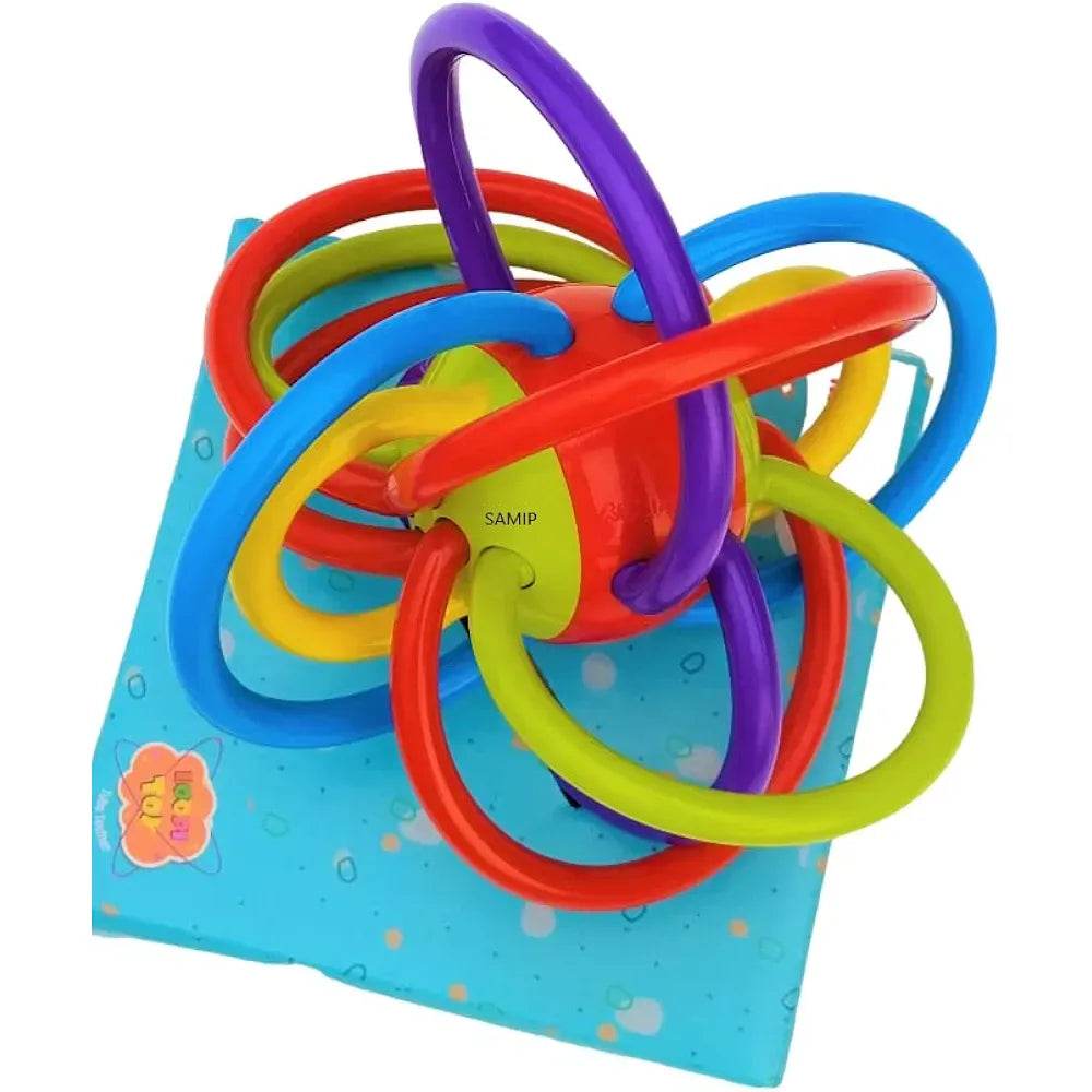 Colorful baby silicone teether toy with multiple soft loops for easy gripping and chewing