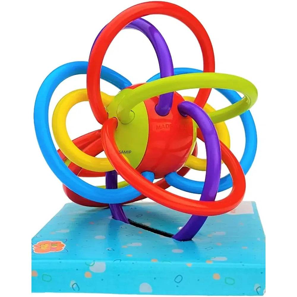 Colorful baby silicone teether toy with multiple interlocking loops for sensory play