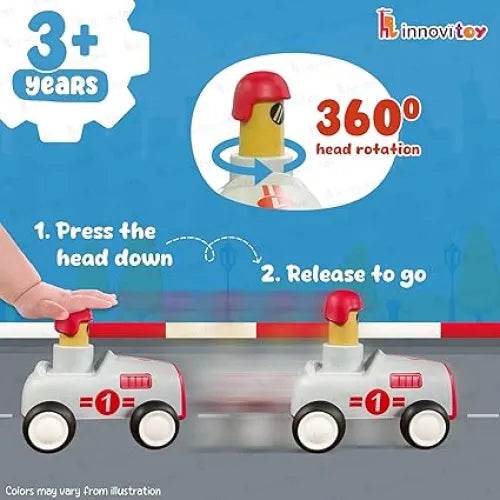 Top Gear Pull Back Toys For Kids white toy cars with red helmets and 360-degree head rotation for ages 3 and up