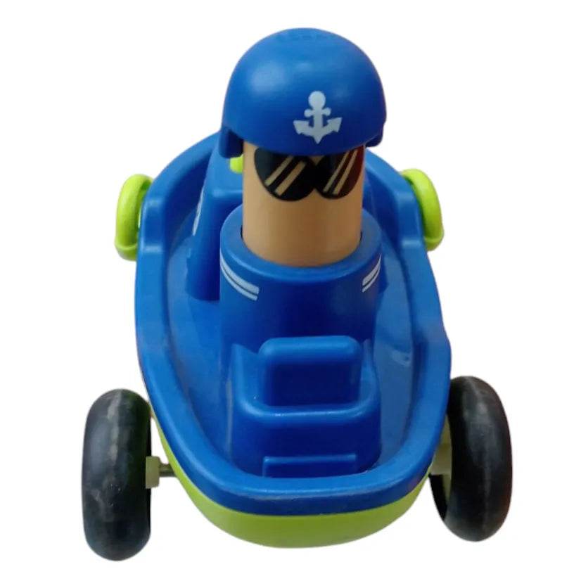 Blue and green Top Gear Pull Back Toys For Kids boat with a captain figure wearing sunglasses and a helmet