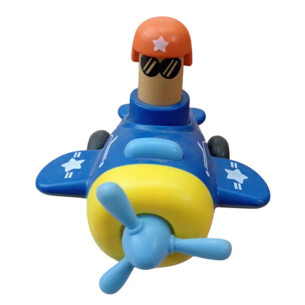 Blue and yellow toy airplane with propeller featuring pilot figure Top Gear Pull Back Toys For Kids