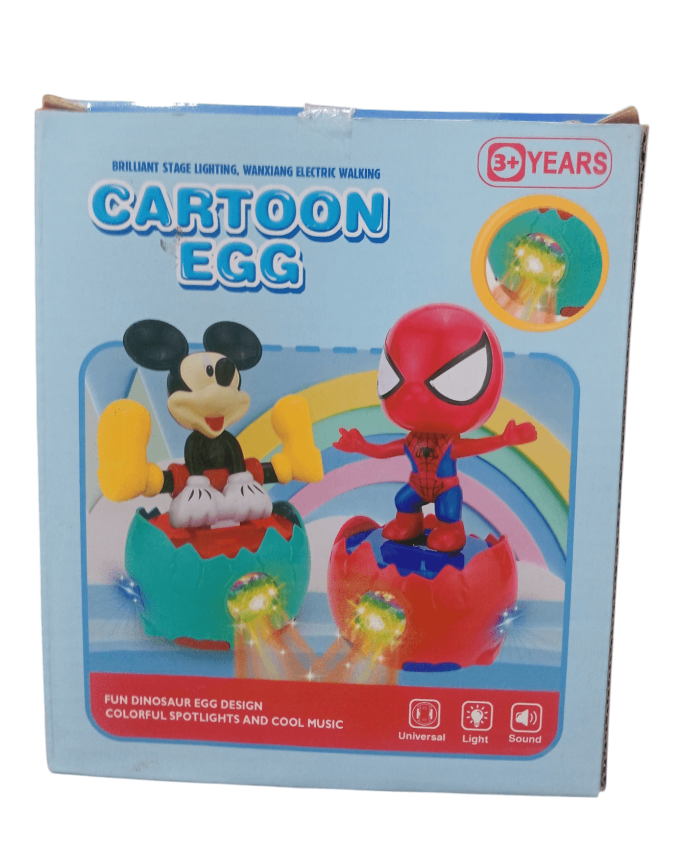 Interactive cartoon egg toy musical with Mickey and Spiderman characters and colorful spotlight effects