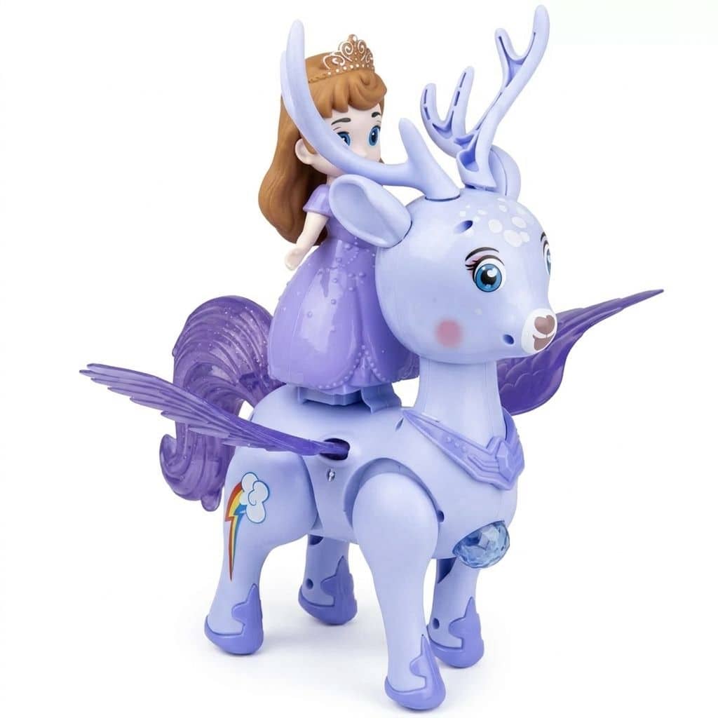 Purple interactive cat toy featuring a princess figure riding a colorful winged deer for young children
