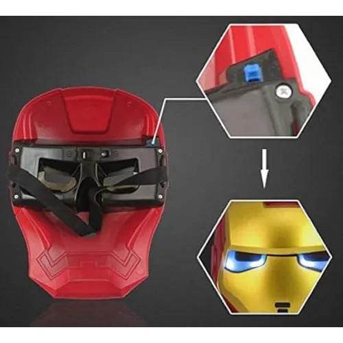 Red Iron Man mask for kids with adjustable straps and glowing blue eyes feature