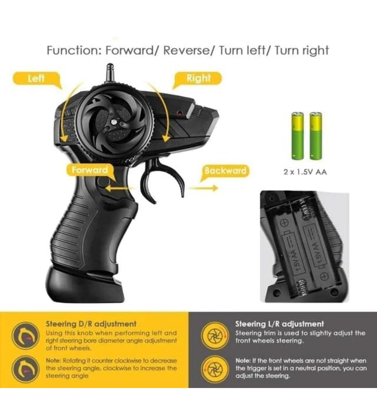 Remote control mud race car controller showing forward reverse and turn left right functions with battery compartment