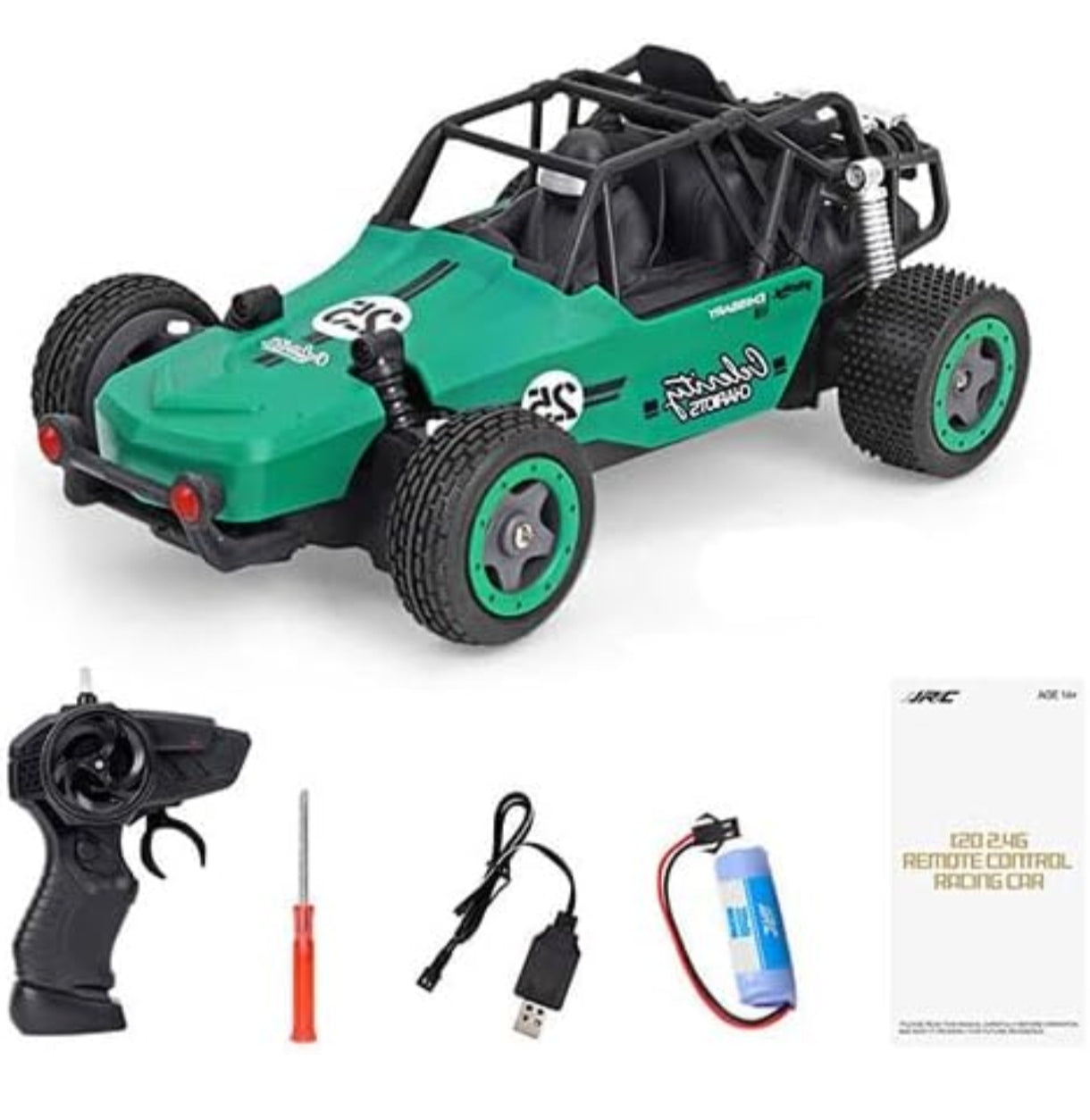 T-Rex the toyland Sitamarhi remote control mud race car in green with controller, screwdriver, USB charger, and battery pack