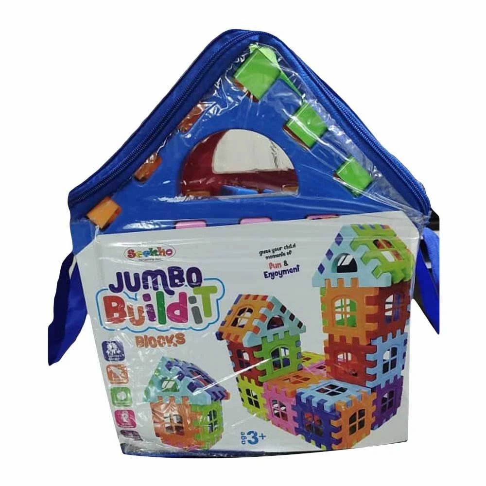Jumbo plastic building blocks for kids colorful interlocking toy set in a blue carry case