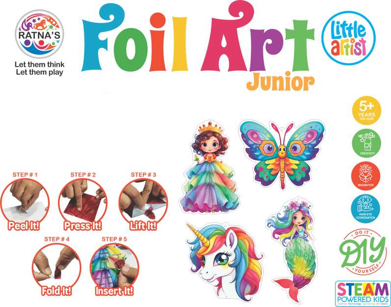 Junior foil art kit for kids with colorful designs including princess, butterfly, unicorn, and mermaid, step-by-step craft instructions